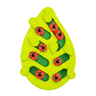 Leaf-shaped green cat puzzle treat feeder with red ladybug pegs on a white background