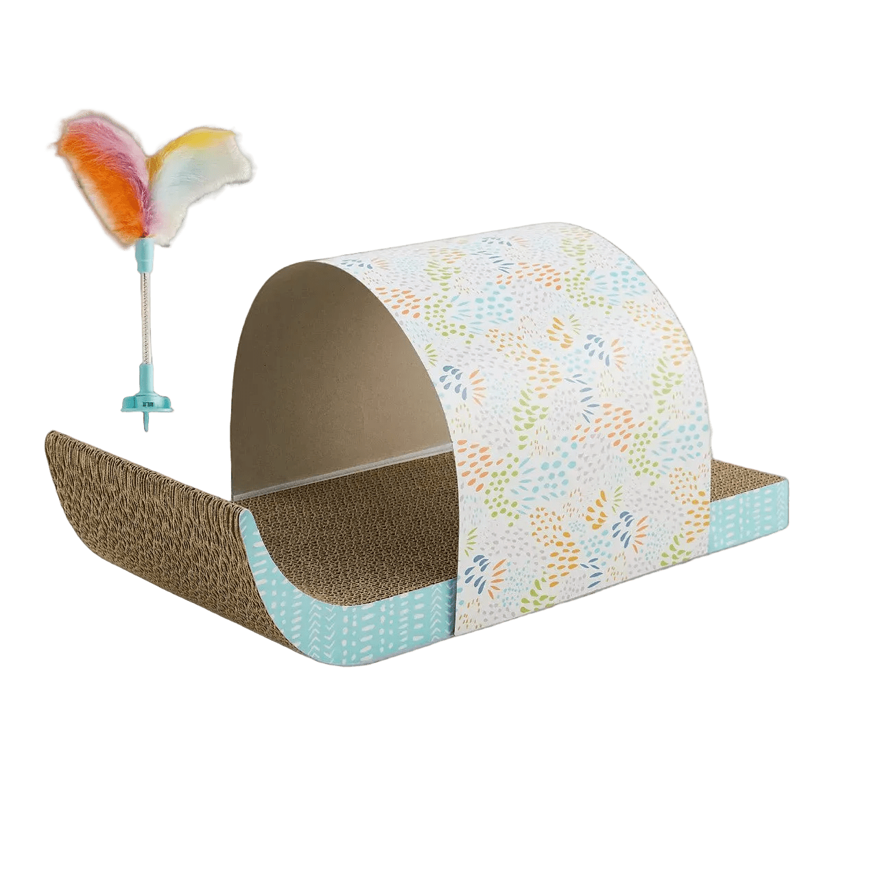 Cat tunnel scratcher with fabric-wrapped base and printed cardboard tunnel plus feather toy
