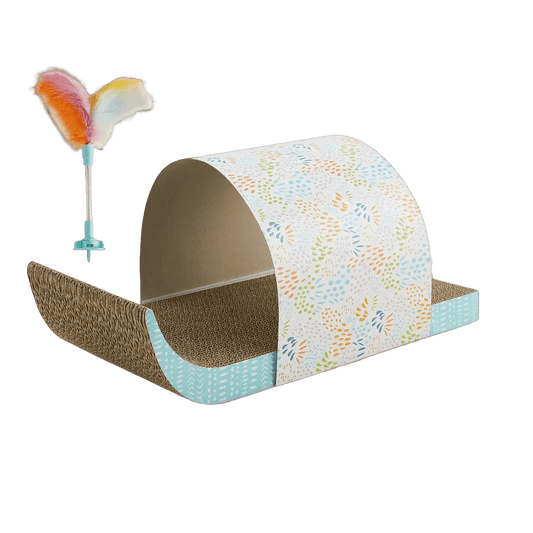 Cat tunnel scratcher with fabric-wrapped base and printed cardboard tunnel plus feather toy