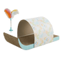 Cat tunnel scratcher with fabric-wrapped base and printed cardboard tunnel plus feather toy