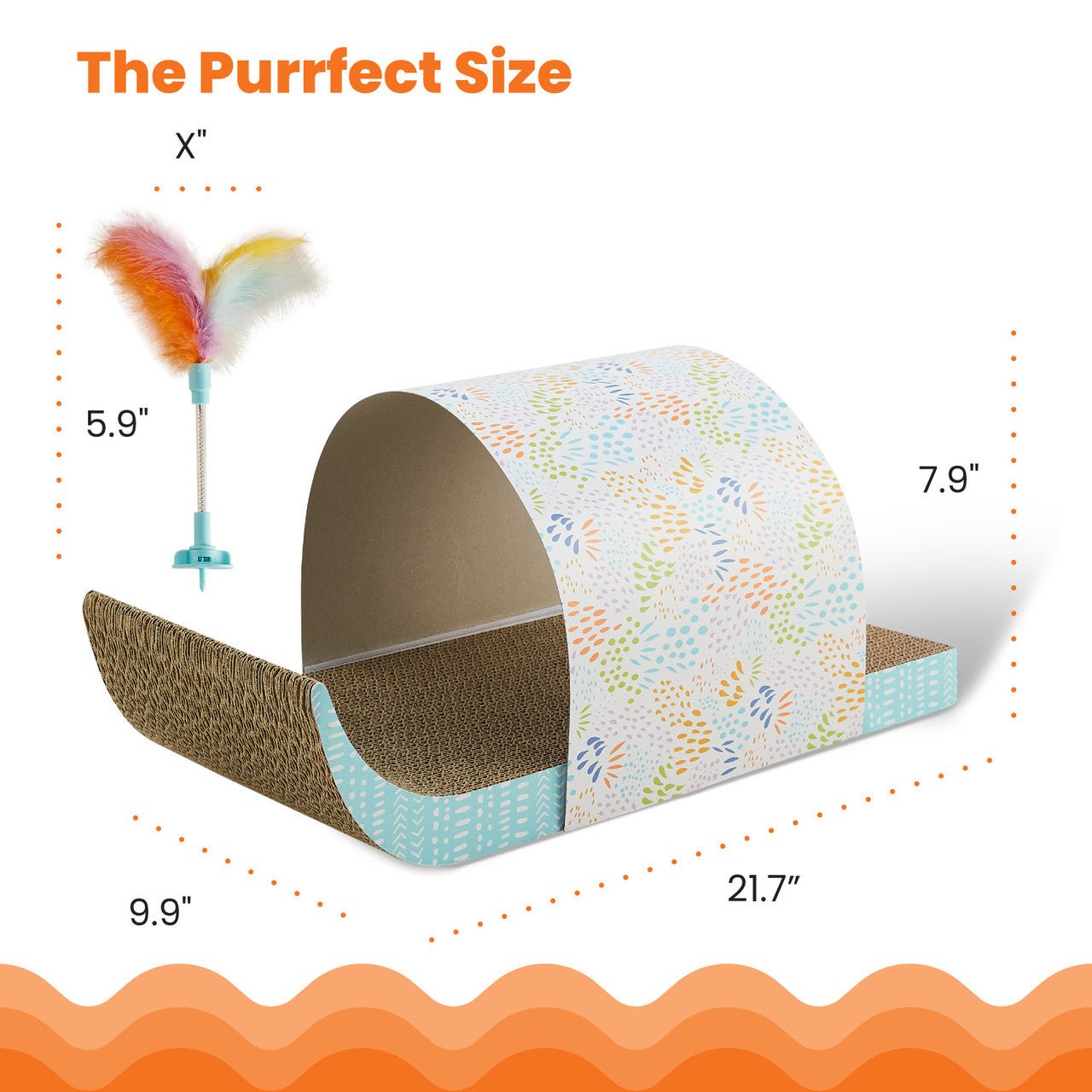 Cat tunnel scratcher with size measurements, patterned tunnel and side scratch ramp