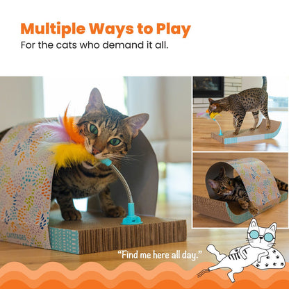 Cat playing with a patterned tunnel scratcher and feather spring toy on the ramp