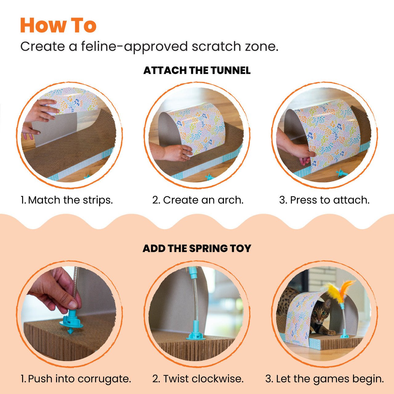 Cat tunnel scratcher showing how to attach the spring toy to the tunnel