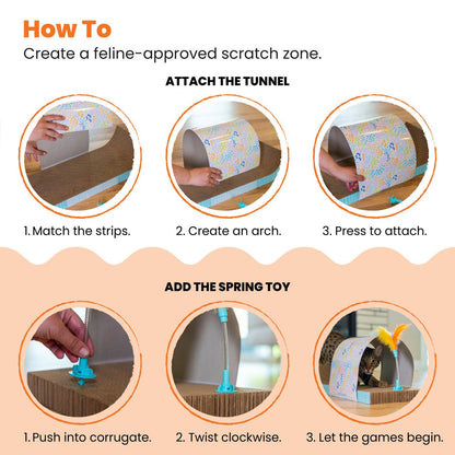Cat tunnel scratcher showing how to attach the spring toy to the tunnel