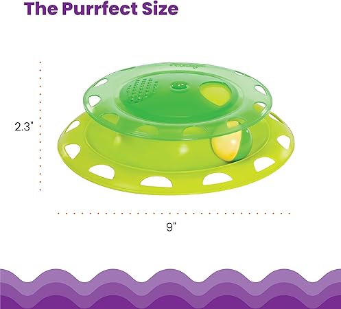 Green and yellow catnip chaser spinning toy with clear vented dome on a round base