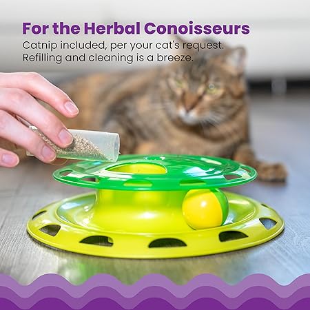 Green and yellow catnip chaser toy with lifted top dome for refilling and cleaning