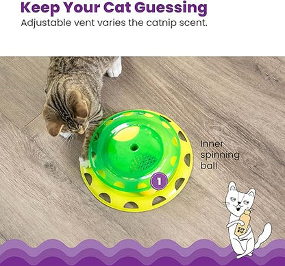 Green and yellow catnip chaser toy with adjustable venting and an inner spinning ball