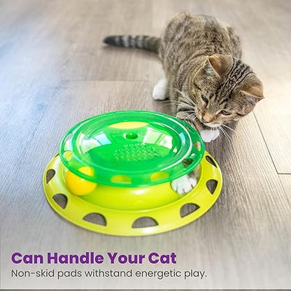 Green and yellow catnip chaser toy with non-skid pads and clear vented top dome