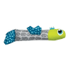 Plush catnip fish toy with lime-green head, blue fins, and gray wave-pattern body