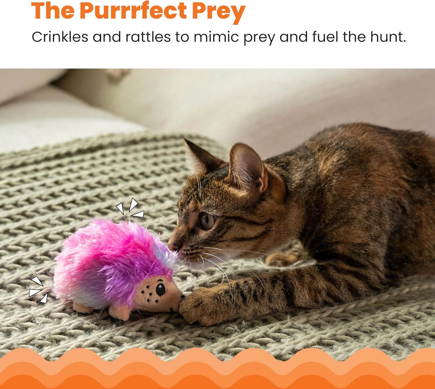 Purple and pink hedgehog catnip plush with tan face beside a tabby cat