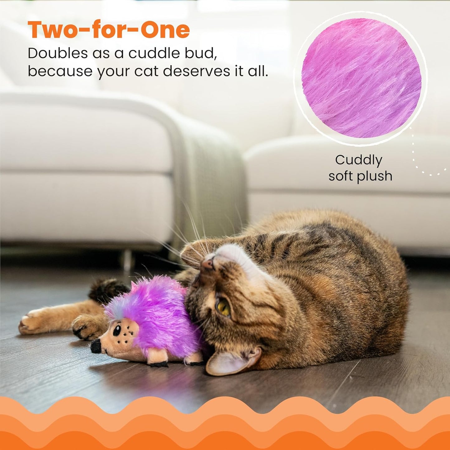 Purple and pink hedgehog catnip plush with fuzzy body and tan face