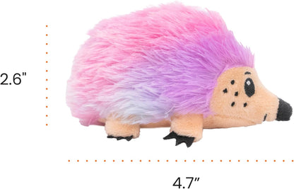 Pink and purple hedgehog catnip plush toy with tan face and black nose