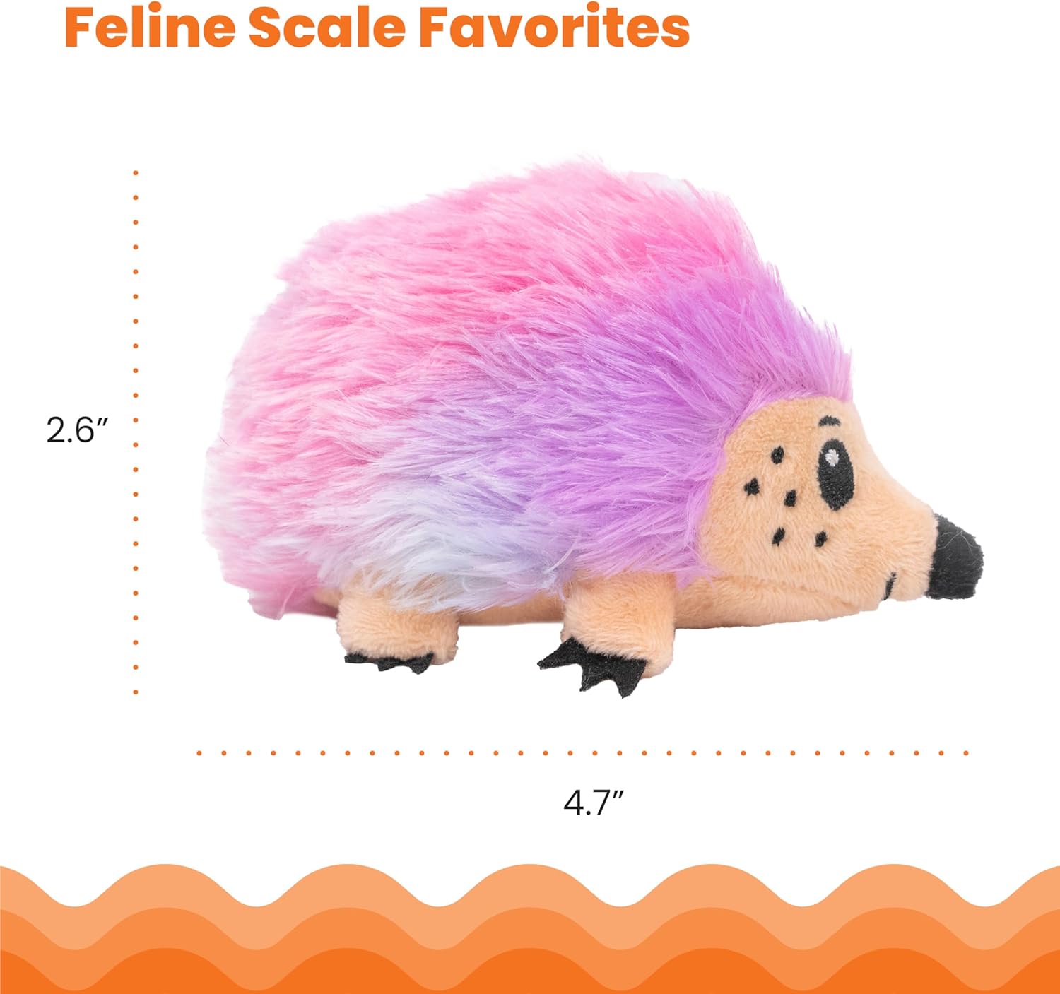 Pink and lavender hedgehog catnip plush with tan face, dotted eyes, black snout