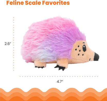 Pink and lavender hedgehog catnip plush with tan face, dotted eyes, black snout