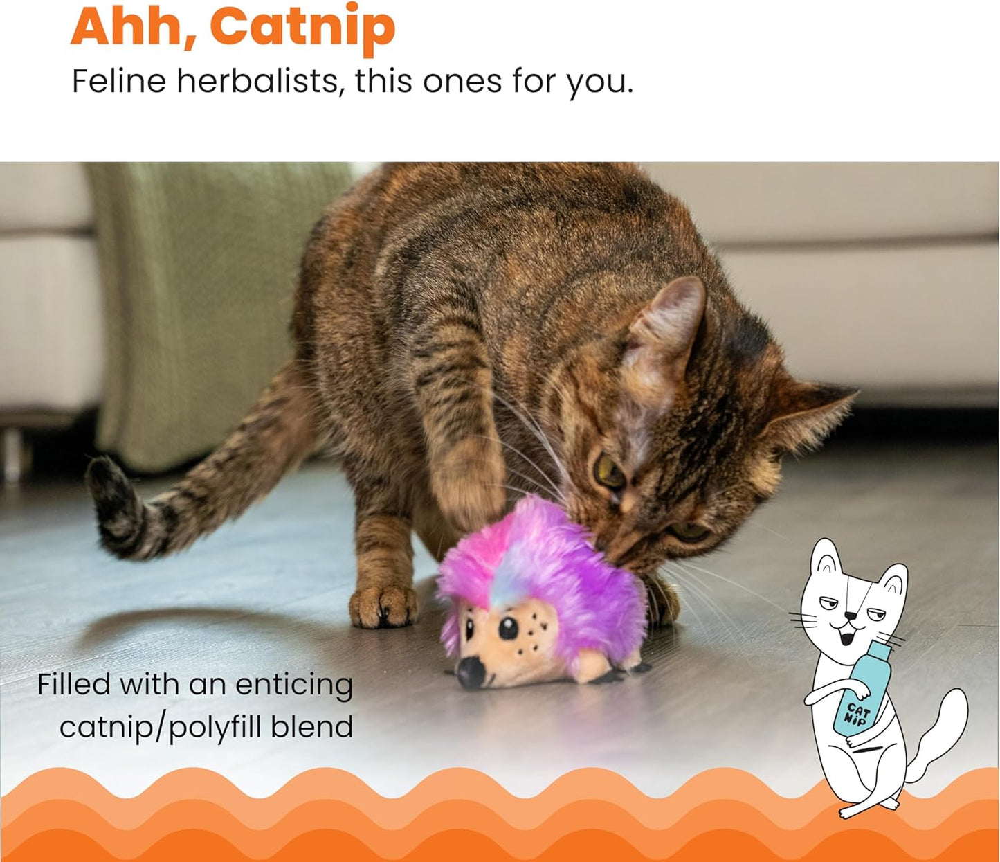 Purple and pink hedgehog catnip plush as a tabby cat bats and sniffs it