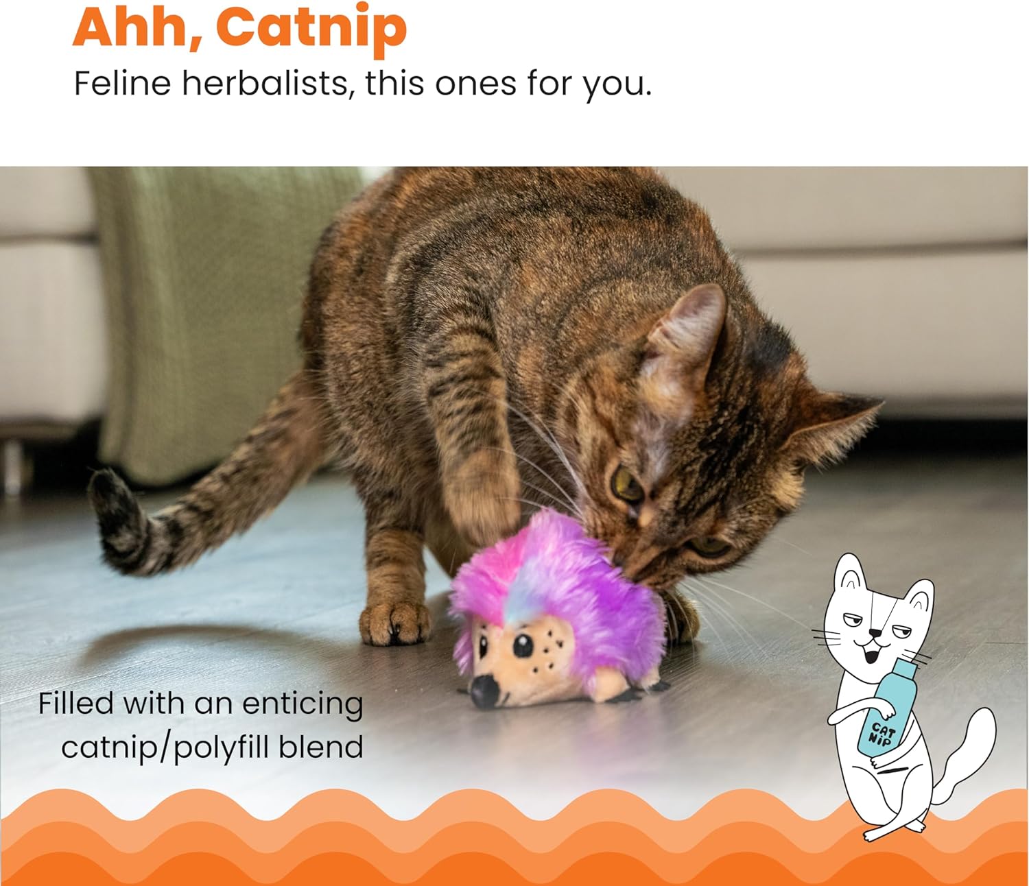 Purple and pink hedgehog catnip plush as a tabby cat bats and sniffs it