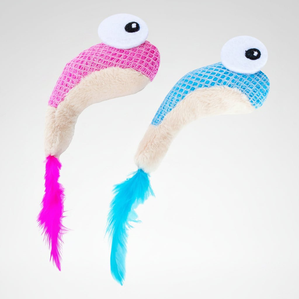 Dental Shrimpies catnip cat toy 2-pack: pink and blue plush shrimp with feather tails