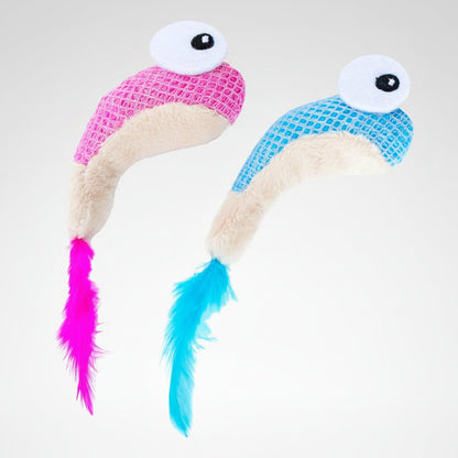 Dental Shrimpies catnip cat toy 2-pack: pink and blue plush shrimp with feather tails