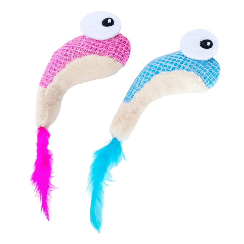 Set of two plush catnip shrimp toys, pink and blue with white eyes