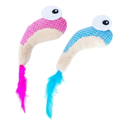 Set of two plush catnip shrimp toys, pink and blue with white eyes