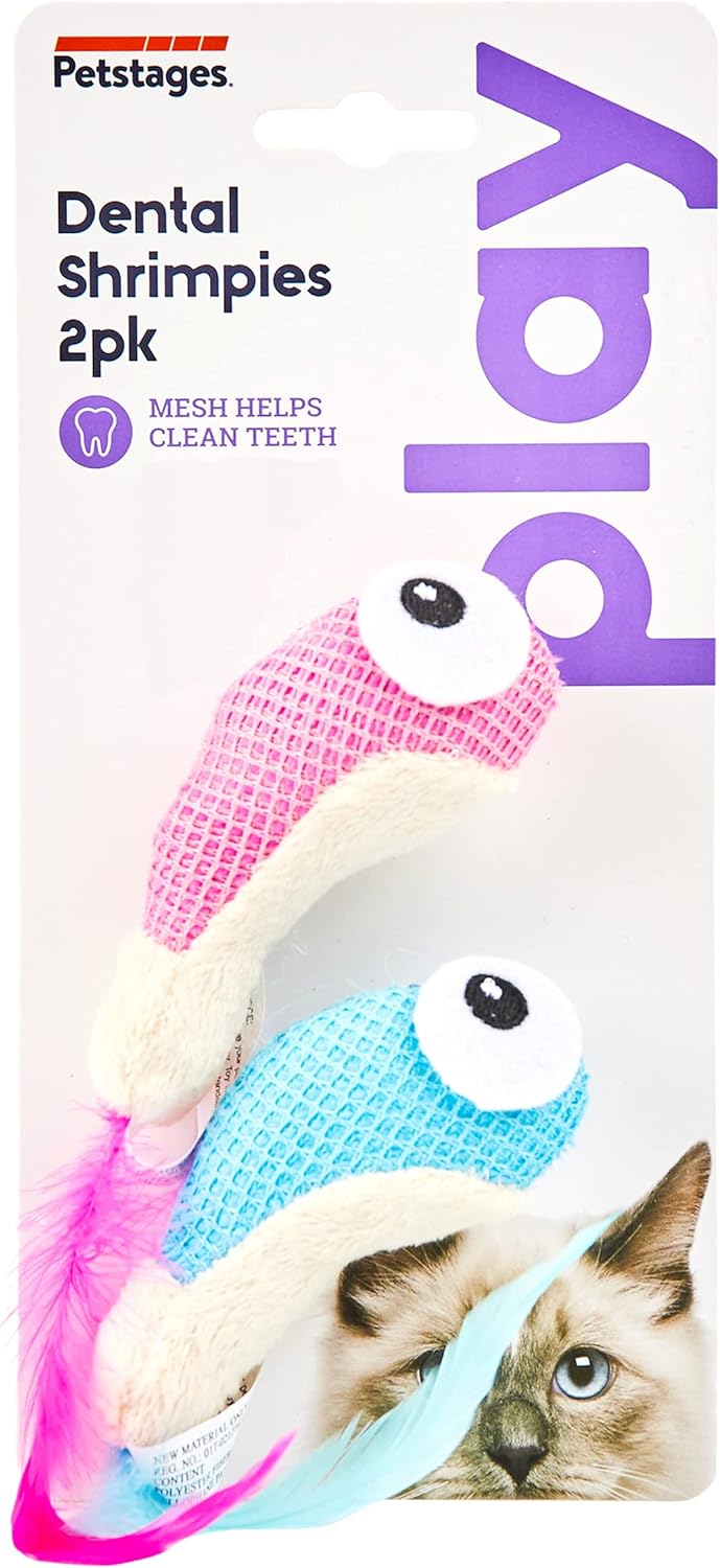 Catstages Dental Shrimpies 2-pack card showing pink and blue plush shrimp catnip toys