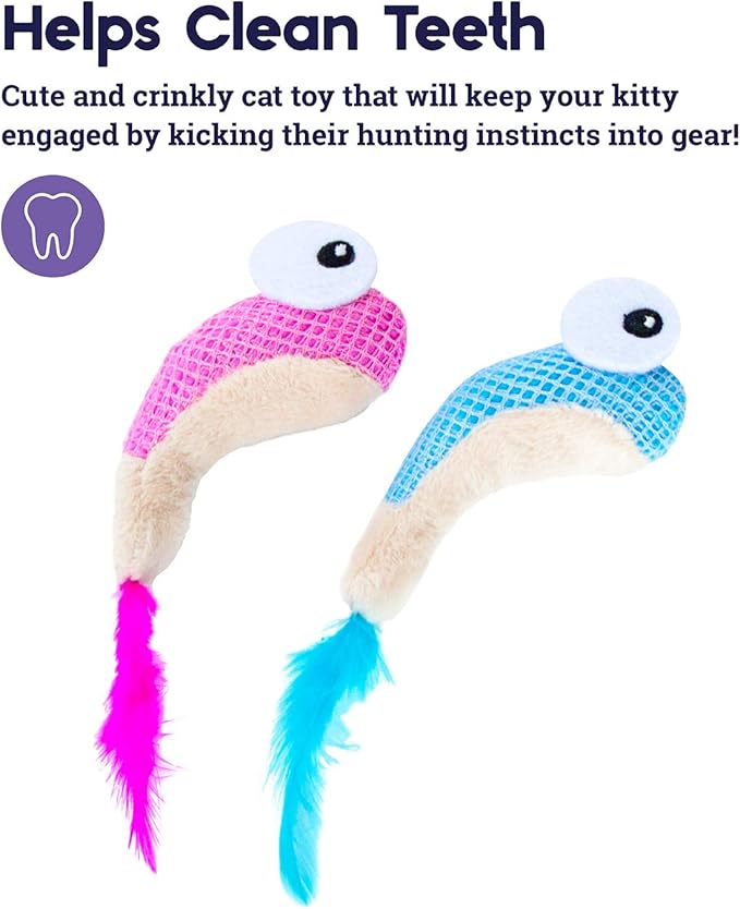 Dental Shrimpies catnip cat toy 2-pack: pink and blue plush shrimp with feather tails