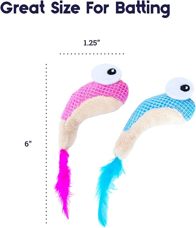Dental Shrimpies catnip cat toy 2-pack with pink and blue plush shrimp and feather tails