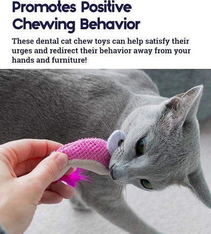 Pink plush Dental Shrimpies catnip chew toy with white eye and feather tail
