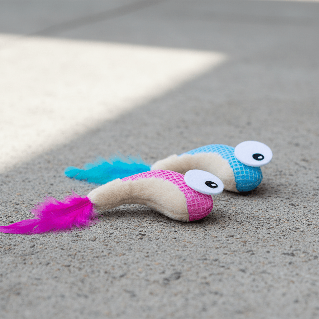 Two plush catnip shrimp toys on floor: pink and blue with feather tails