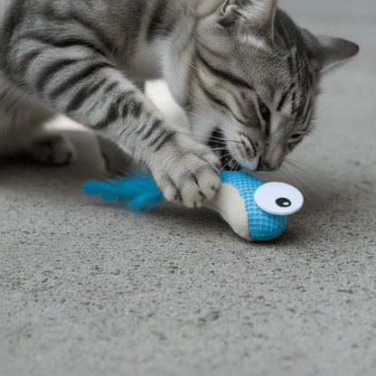 Plush blue Dental Shrimpies catnip cat toy with white eye and dangling feather tail