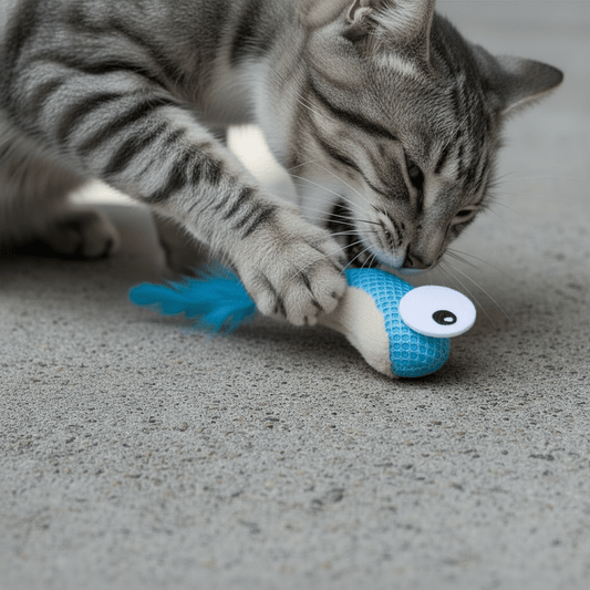 Plush blue Dental Shrimpies catnip cat toy with white eye and dangling feather tail