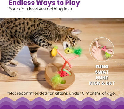 Tabby cat sniffing fruit-bowl wobbling toy with hanging plush fruit and fuzzy green topper