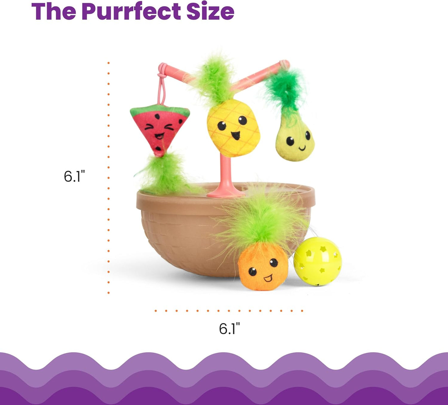 Fruit-bowl wobbling cat toy with fuzzy green topper and three hanging plush fruit pieces