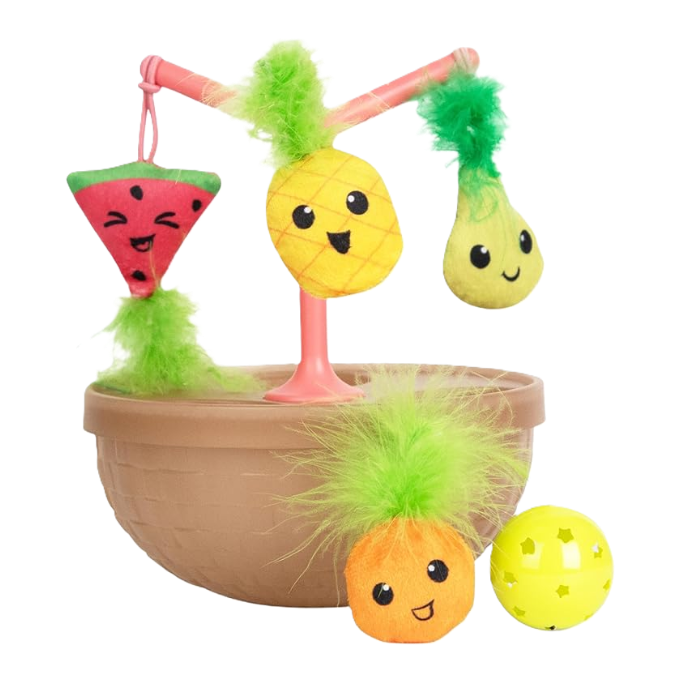 Fruit-bowl wobbling cat toy with hanging plush watermelon, pineapple, and lime, plus yellow ball