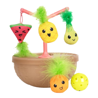 Fruit-bowl wobbling cat toy with hanging plush watermelon, pineapple, and lime, plus yellow ball