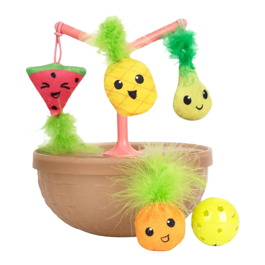 Fruit-bowl wobbling cat toy with hanging plush watermelon, pineapple, and lime, plus yellow ball
