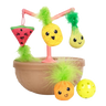 Fruit-bowl wobbling cat toy with hanging plush watermelon, pineapple, and lime, plus yellow ball