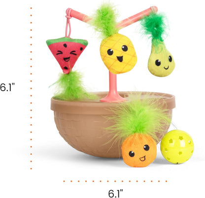 Fruit-bowl wobbling cat toy with fuzzy green topper, hanging plush fruit, and yellow ball