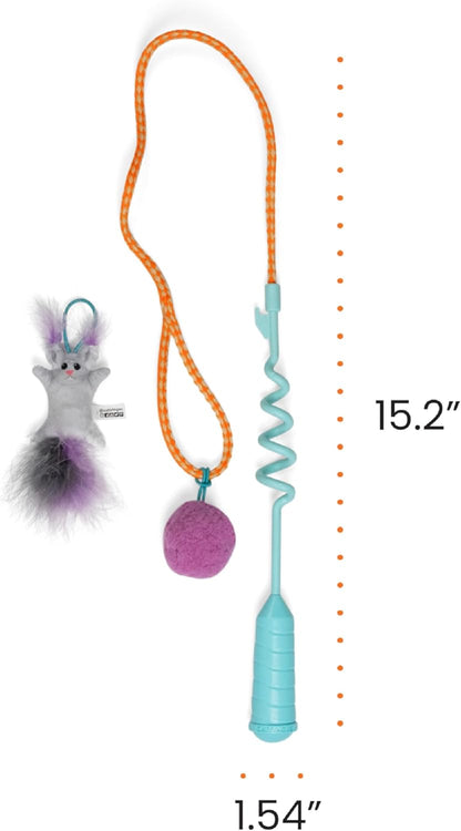Cat teaser wand with orange braided cord, teal spring wand, gray mouse plush, purple pom ball