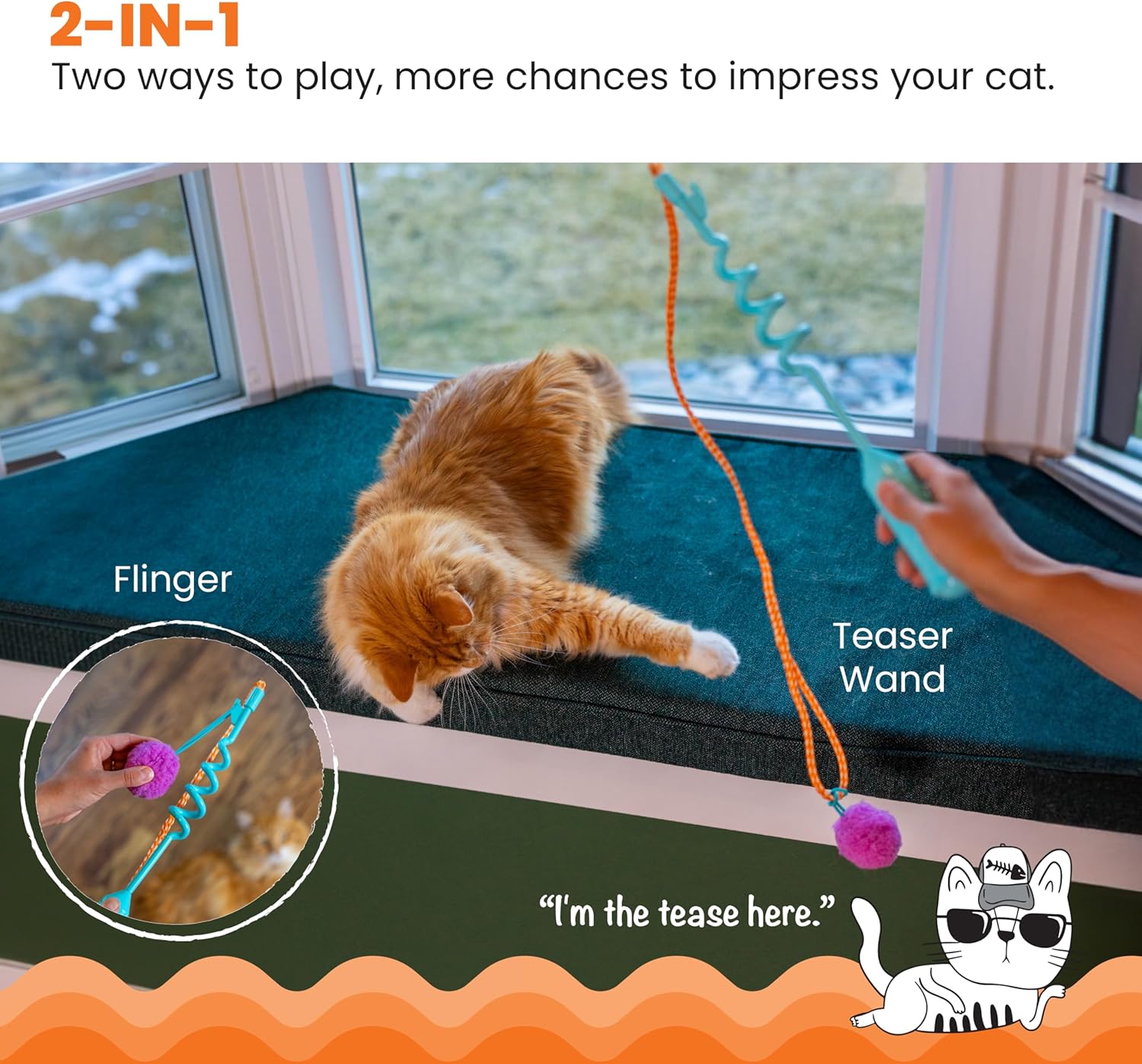 Cat playing with a blue spring cat teaser wand and orange cord with purple pom ball