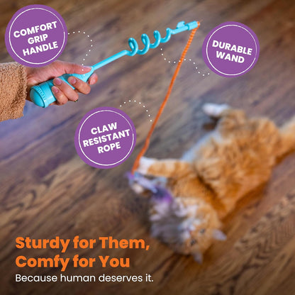 Cat teaser wand with teal spring grip, orange cord, gray mouse plush, and purple pom ball