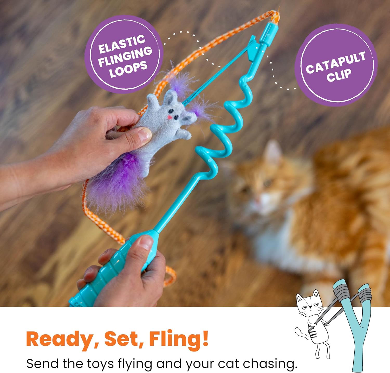 Cat teaser wand with teal spring handle, orange cord, gray mouse plush, and purple pom ball