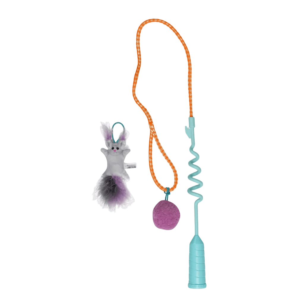 Cat teaser wand set with teal spring handle, orange cord, gray mouse plush toy, purple pom ball