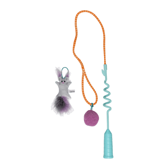 Cat teaser wand set with teal spring handle, orange cord, gray mouse plush toy, purple pom ball