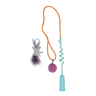 Cat teaser wand set with teal spring handle, orange cord, gray mouse plush toy, purple pom ball