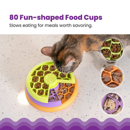 Multilayer cat food bowl showing three treat sections in lime, purple, and orange