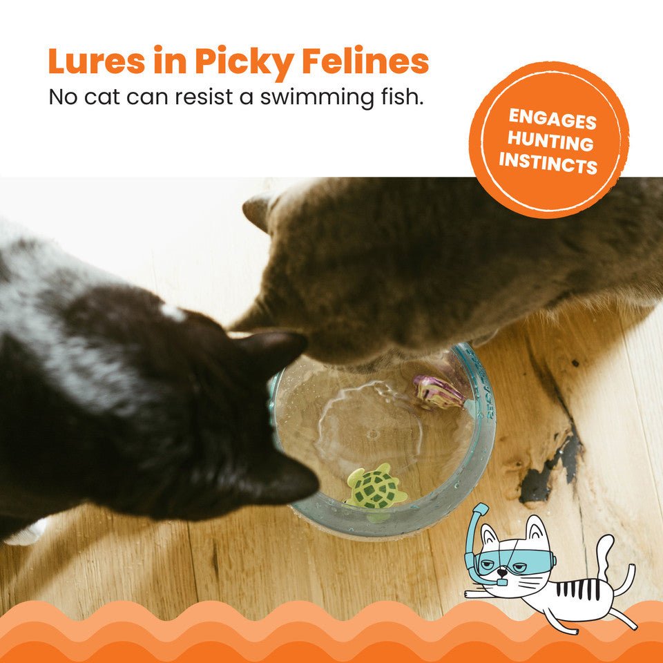 Two cats engaging their hunting instincts with the Catstages Fish Bowl