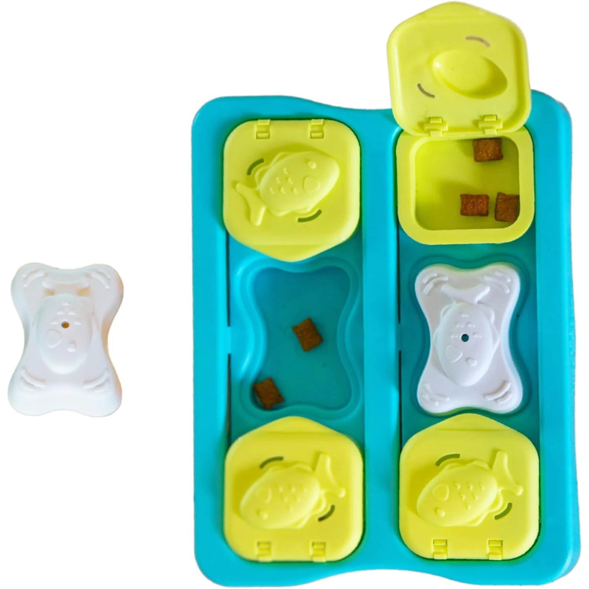 Catstages Nina Ottosson Kitty Cube Puzzle - overhead view of lids and removable blocks
