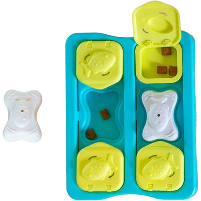 Catstages Nina Ottosson Kitty Cube Puzzle - overhead view of lids and removable blocks