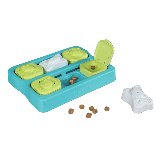 Catstages Nina Ottosson Kitty Cube Puzzle: turquoise cube with green sliding compartments